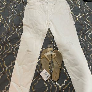 Size 14 White skinny jeans and gold sandals size 6